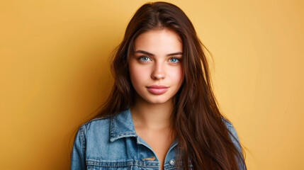 Poster - Young girl with a cheerful smile poses in a denim shirt against a bright yellow backdrop, exuding youthful charm.