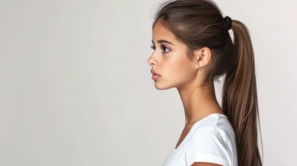 Poster - A cheerful young woman in a white tshirt beams with a toothy smile, set against a clean white backdrop.