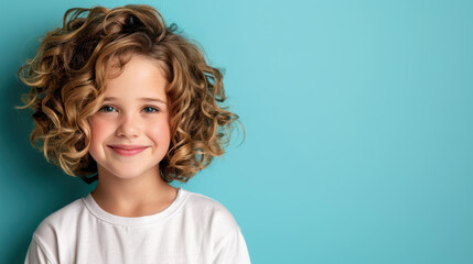 Sticker - A radiant teen girl beams with joy against a calm blue backdrop, capturing the essence of youth and beauty.