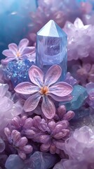 Aufkleber - A large blue crystal sits atop a bed of pink flowers and blue and purple crystals.
