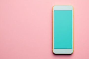 Fototapete - A white smartphone with a turquoise screen rests on a pink background.