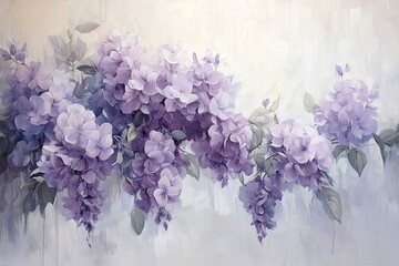 Poster - Watercolor painting of purple flowers with green leaves on a light background.