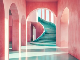 Poster - A bright pink hallway with a spiraling teal staircase leading to a balcony.