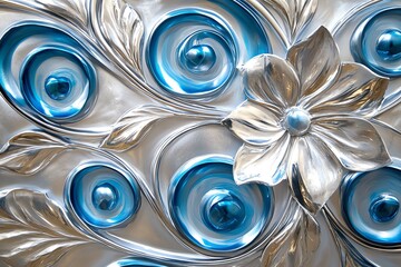 Aufkleber - A close-up of a silver and blue metal relief sculpture with an intricate floral design and swirling patterns.