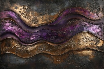 Aufkleber - Abstract metallic background with wavy purple and gold textured lines.