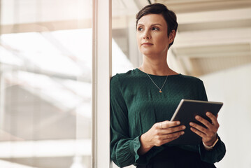 Poster - Woman, tablet and online thinking in office, brainstorming and journalist ideas for column quote. Female person, professional reporter and communication with contact on app, insight and web research
