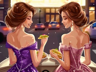 AI-Generated image of Two women in pink dresses are eating tacos. Scene is lighthearted and fun