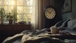 © Rustam - Cozy home interior with a clock on the wall showing the time moving backward, a soft blanket, and a cup of coffee, symbolizing the extra hour of rest as Daylight Saving Time ends.