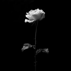 Poster - Single white rose on a black background, soft focus on petals, natural light, dramatic contrast.