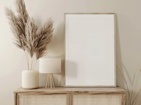 A blank canvas mockup on a wooden cabinet with a white lamp. pampas grass. and a rattan front