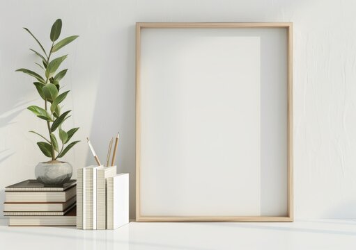 A blank poster mockup in a minimalistic setting with a plant. books. and pencils on a white tabletop. ready for your design