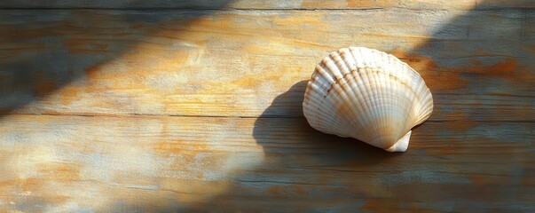 Poster - Single seashell on a wooden surface, dramatic shadow, high detail in texture