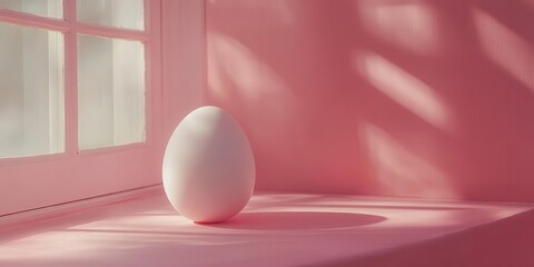 Sticker - Single egg on a pink surface, minimalist composition, soft natural light, clean shadow creates a serene and elegant atmosphere.