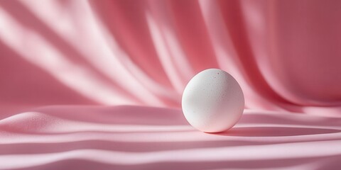 Poster - Single egg on a pink surface, minimalist composition, soft natural light, clean shadow, creating a serene and elegant atmosphere.