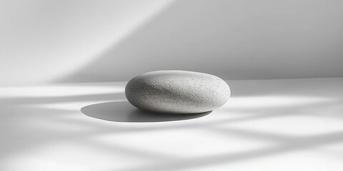 Poster - A single pebble on a white background, minimalist setting, side light creating a gentle shadow cast.