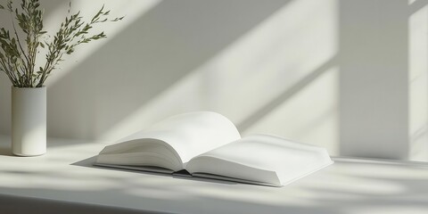 Poster - One open notebook on a white desk, clean minimalist look, casting gentle shadows in the soft natural light.
