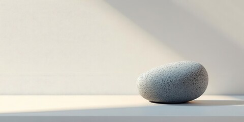 Poster - A single pebble rests on a white surface, set in a minimalist backdrop with gentle side lighting creating a subtle shadow.