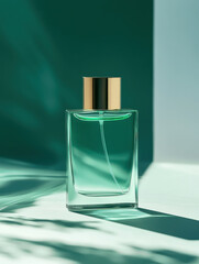 Wall Mural - sleek perfume bottle with gold cap, set against green background, exuding elegance and sophistication. soft shadows enhance its beauty