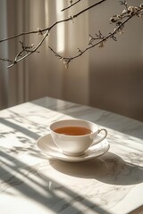 Poster - An empty teacup rests on a sleek marble table, casting a subtle shadow in the minimalist and clean space, illuminated by soft natural lighting.