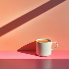 Poster - Coffee mug on a pink table, shadow cast to the right, simplistic design bathed in gentle morning light.