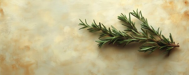 Poster - A sprig of rosemary on a beige background, natural light enhancing the textures beautifully.