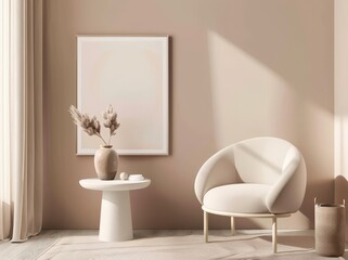 A minimalist living room interior with a comfortable armchair. a round side table. a vase with dried flowers. and a framed artwork on the wall