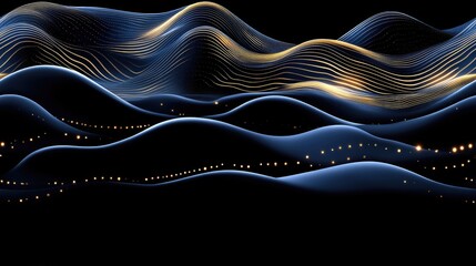 Poster - Glowing waves of blue and gold flow dynamically across a dark background, creating a mesmerizing abstract composition filled with light particles SEAMLESS PATTERN