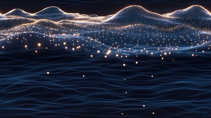 Poster - Glowing waves of blue and gold flow dynamically across a dark background, creating a mesmerizing abstract composition filled with light particles SEAMLESS PATTERN