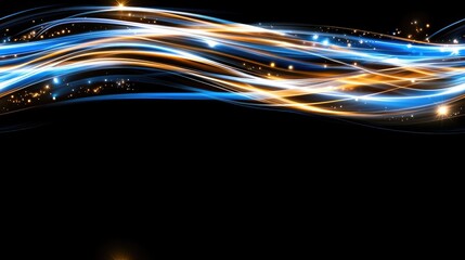 Poster - Glowing waves of blue and gold flow dynamically across a dark background, creating a mesmerizing abstract composition filled with light particles SEAMLESS PATTERN