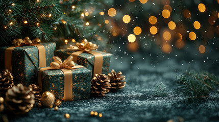 Wall Mural - beautifully arranged scene featuring christmas gifts wrapped in green paper with gold ribbons, surro