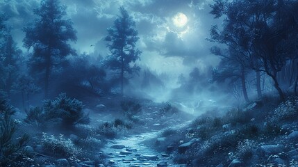 Poster - Enchanted Forest Moonlight: A Serene Night Landscape