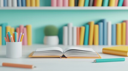 A book is open on a table with a pencil and a pen