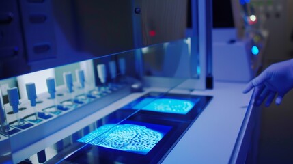 Poster - scientist wearing a lab coat and gloves is conducting dna sequencing research, analyzing results dis