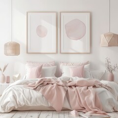 a minimalist bedroom with white bedding and pink throw. two framed watercolor prints on the wall. an