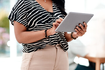 Poster - Hands, typing and person with tablet, office and creative in newsroom, research and app with info. Professional, online and writer with website for story, digital and browsing for journalism