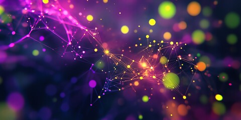 Poster - Abstract purple and yellow bokeh background with glowing particles and connected lines.