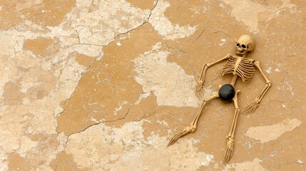 A small, plastic skeleton lies on its back with its arms outstretched, holding a black, round object.