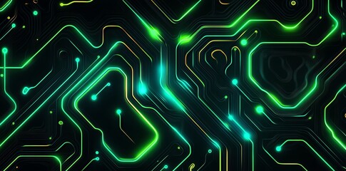Poster - Abstract glowing green and gold circuit board pattern on black background.