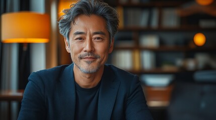 Poster - Middle-aged Asian man participates in a virtual meeting at a cozy home office in the evening