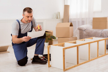 Aufkleber - Repairman Assembling And Fixing Furniture Reading Manual During Renovation Sitting On Floor Indoor. Transportation, Furnishing And Assembly Service