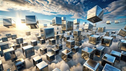 Metallic cubes floating in abstract cloudy sky background, metallic, cubes, floating, abstract, cloudy, sky, background