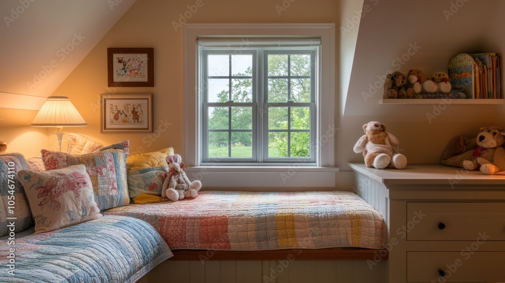 A cozy cottage-style kids' bedroom with soft colors, handmade quilts ...