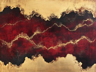 Poster - Abstract painting with red, gold, and black colors in a horizontal format, resembling a landscape with a gold river flowing through it.