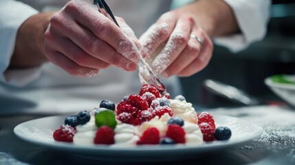 Poster - A French chef creating a delicate dessert, carefully arranging fruits and sugar on a plate.