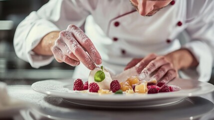 Poster - A French chef creating a delicate dessert, carefully arranging fruits and sugar on a plate.