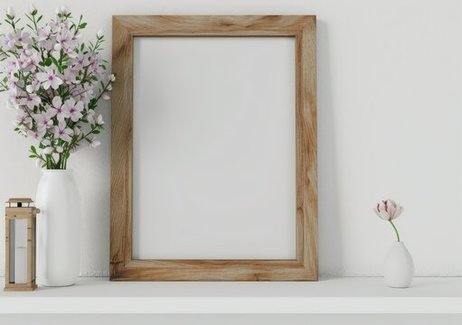 A blank wooden frame on a white shelf. styled with a vase of pink flowers. a small vase with a single pink flower. and a candle lantern