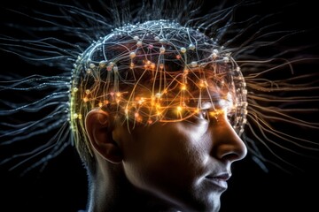 Wall Mural - Brain interface merging technology and human intellect, scientist at work, vibrant and dynamic, futuristic and innovative, powerful and engaging, AI Generative