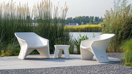 Two White Modern Chairs and a Table in a Garden Setting