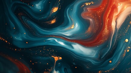Poster - abstract fluid art background, swirling colors in red and teal with gold highlights