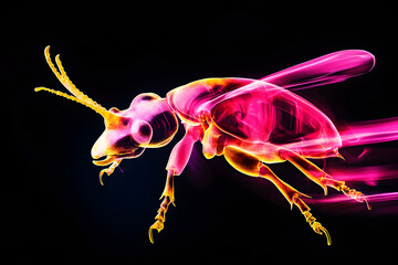 A dynamic neon light trails display of a rhinoceros beetle in bright pink and yellow hues against a dark background --ar 3:2 --s 50